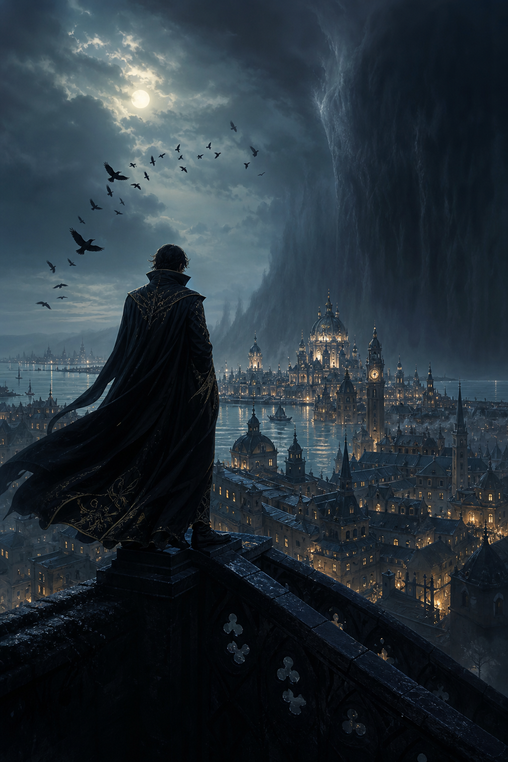 Cinematic moonlit Grishaverse cityscape with a lone cloaked figure, circling crows, and the Shadow Fold above Ravka