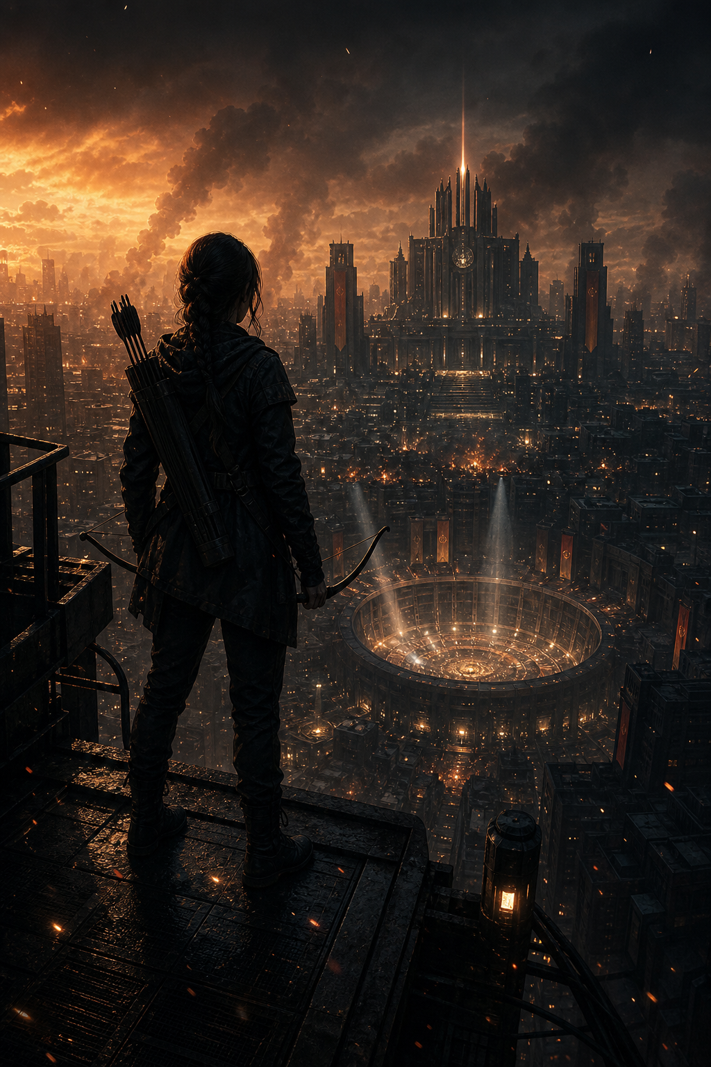 Cinematic Hunger Games-inspired scene with a lone archer above Panem under a smoky ember-lit sky