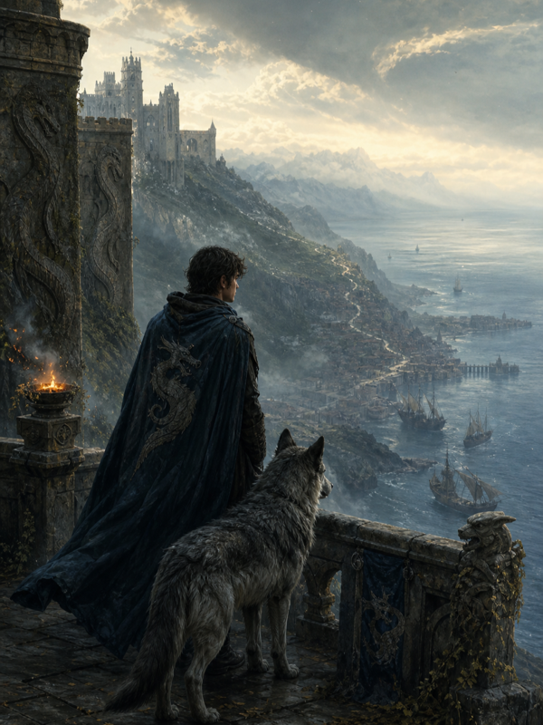 A cloaked young man and a wolf overlooking a coastal city and cold sea from a stone terrace